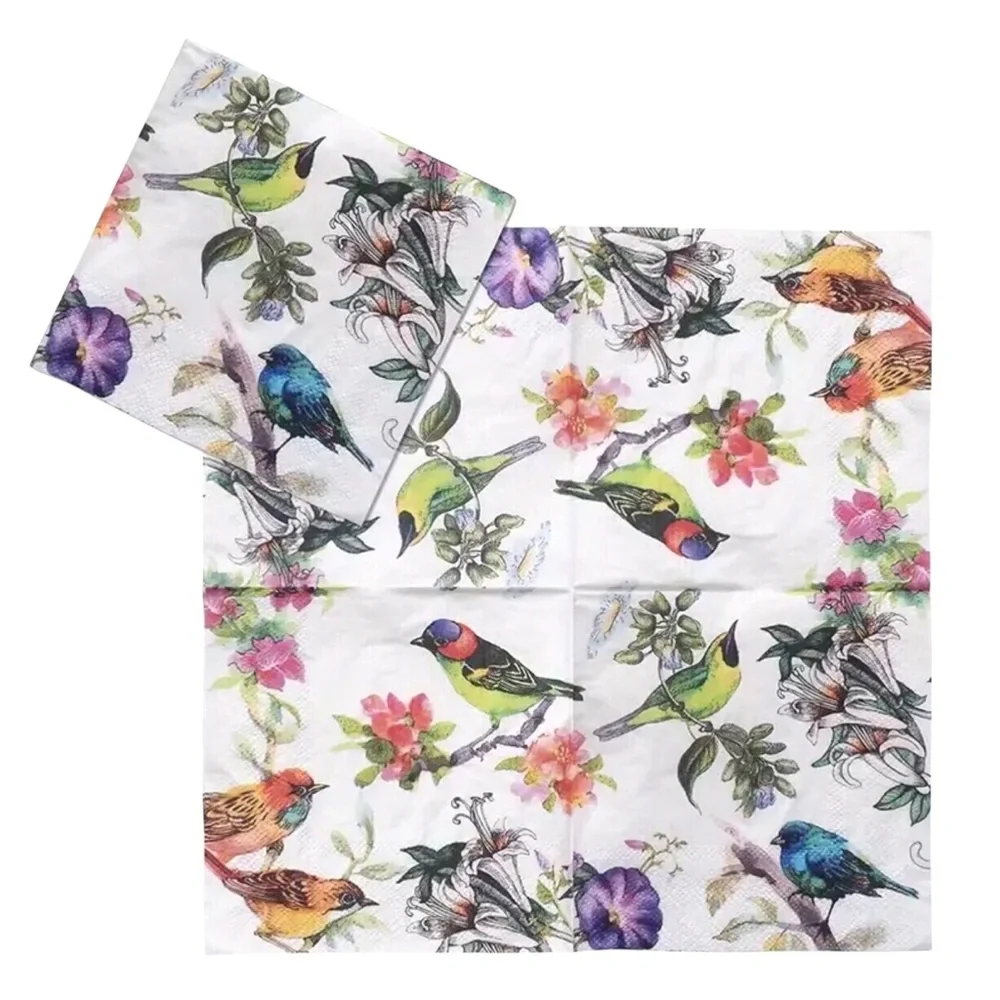 Set of Two (2) INDIVIDUAL Birds on Floral Branches Cocktail Size Napkins
